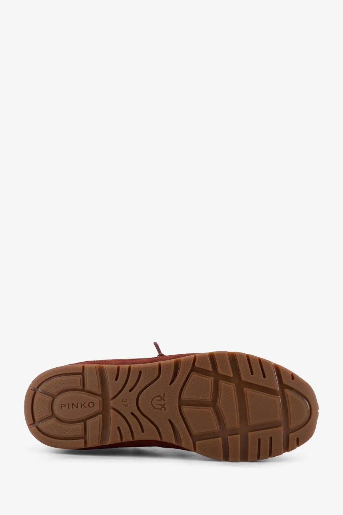 Brown rubber sole with pinko branding and textured tread on pinko women’s yulia suede purple sneakers