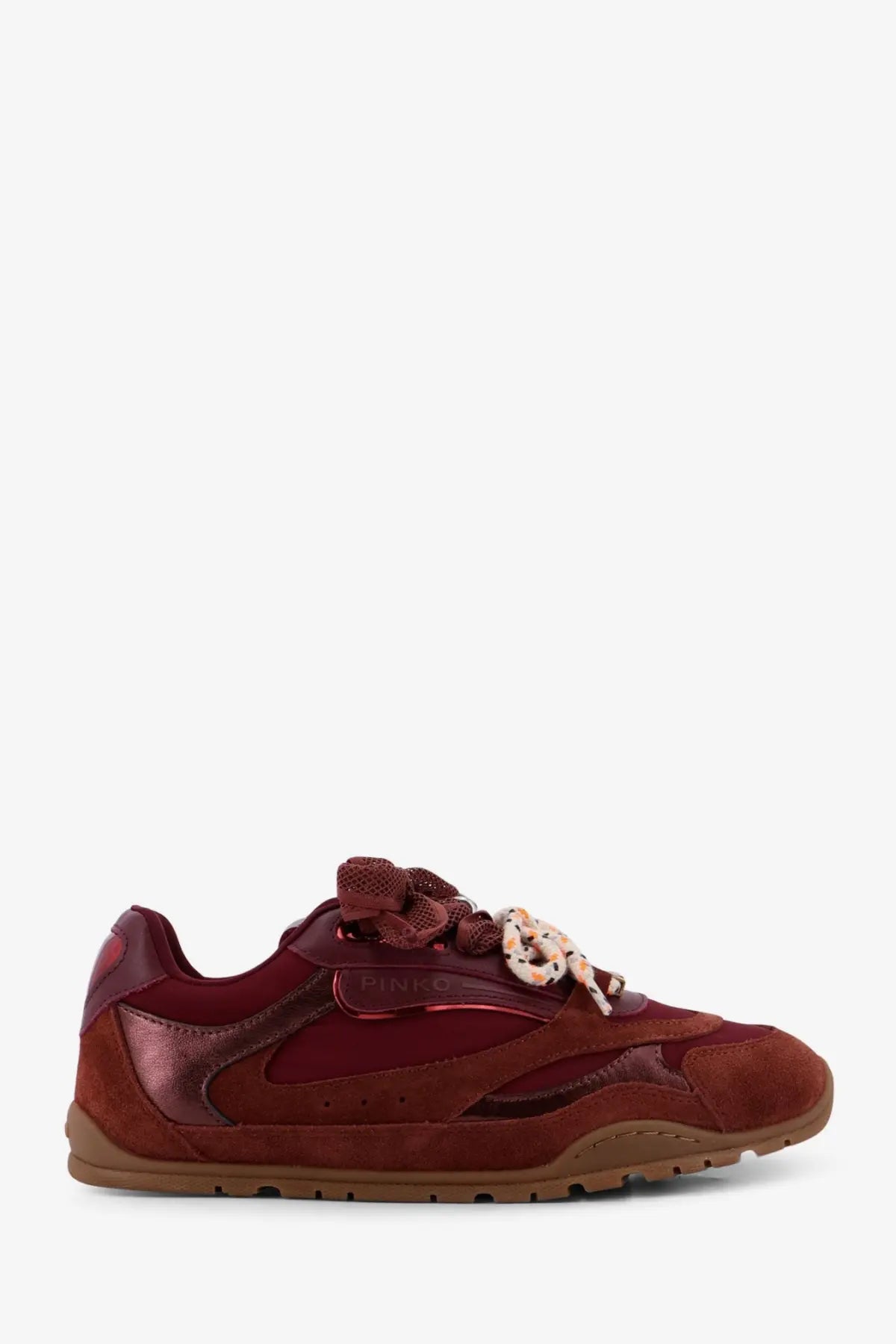 Pinko women’s Yulia suede sneaker in burgundy and brown leather with textured knotted lace detail