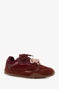 Pinko women’s yulia suede sneakers purple burgundy mix of suede and patent leather with floral lace knot detail