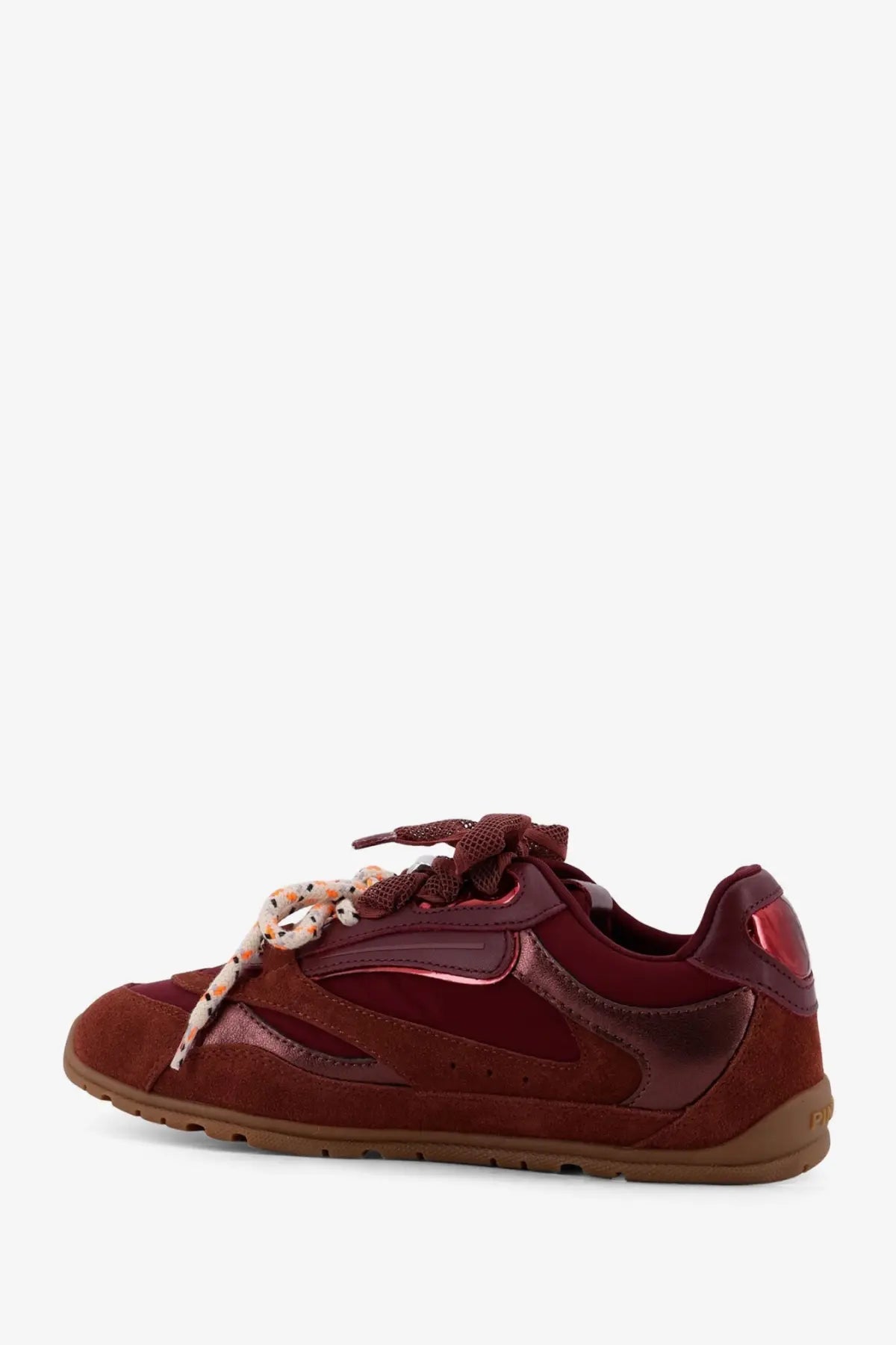Pinko women’s yulia suede sneaker in maroon with patent leather accents and patterned laces