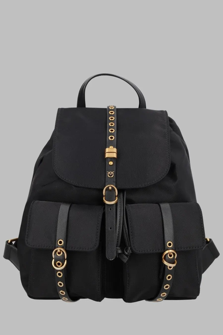 Pinko women’s zaino con black nylon backpack with gold-tone metal hardware and leather straps