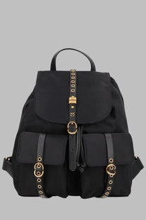 Pinko women’s zaino con black nylon backpack with gold-tone metal hardware and leather straps