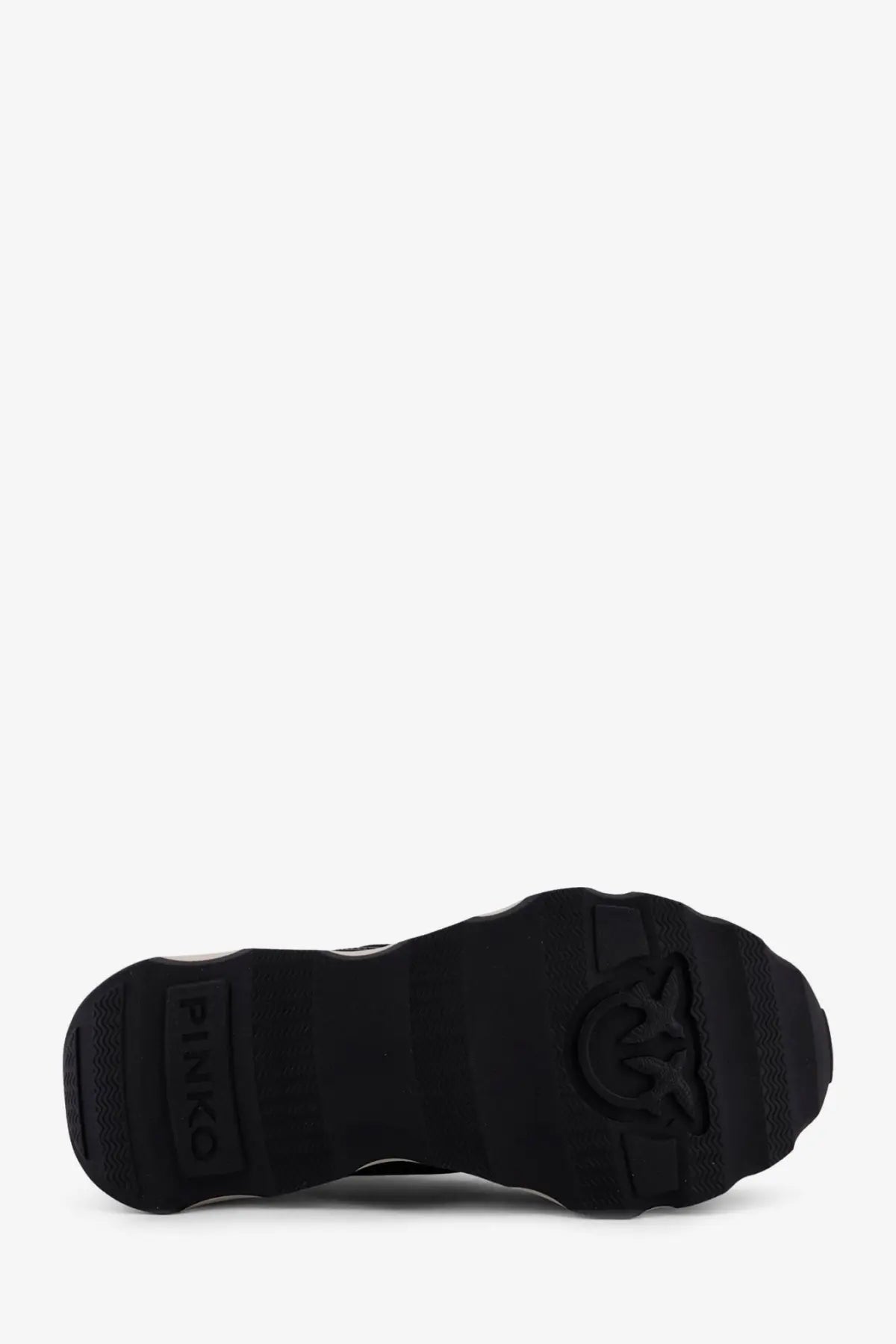 Black rubber sole with embossed pinko logo and textured tread on Pinko women’s Zoe leather sneakers black