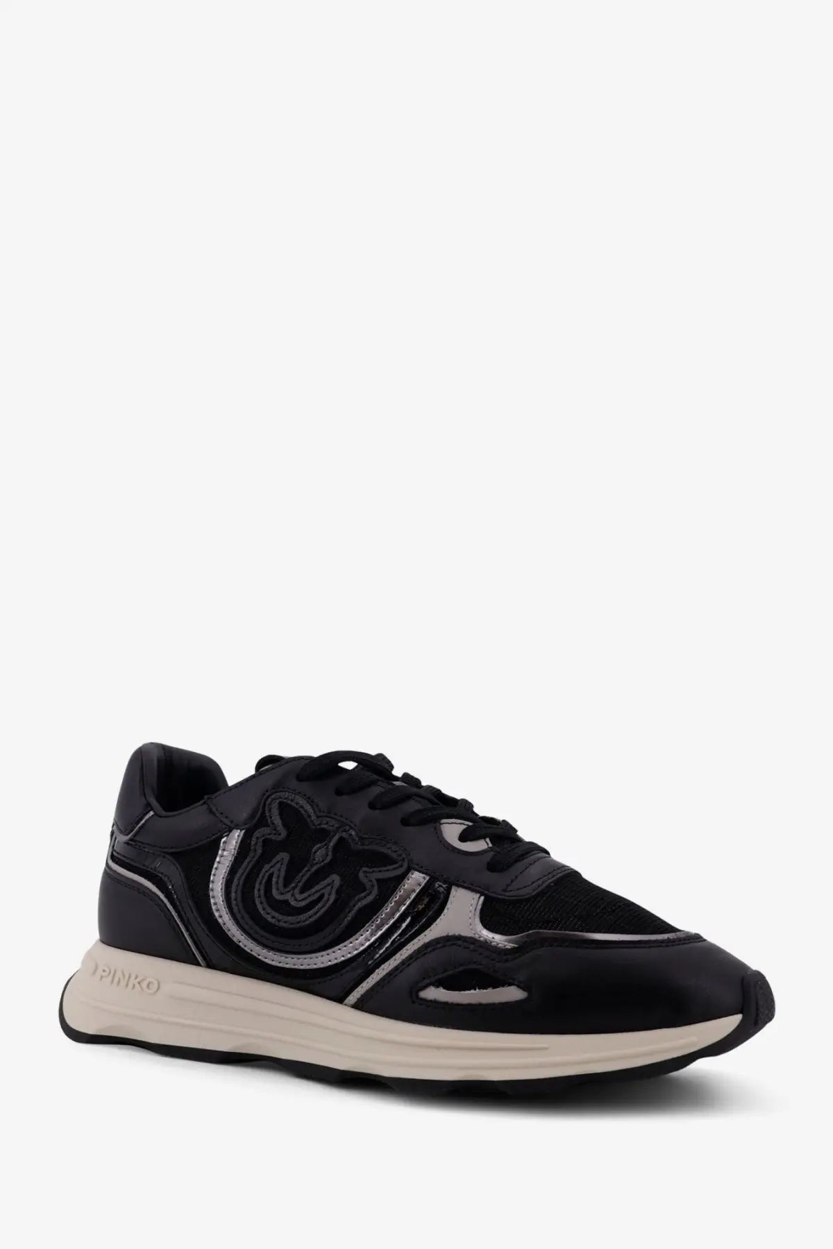 Pinko women’s Zoe leather sneakers in black and silver with a glossy finish and embroidered logo on the side