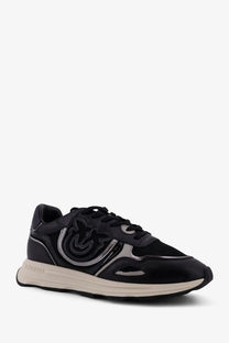 Pinko women’s Zoe leather sneakers in black and silver with a glossy finish and embroidered logo on the side