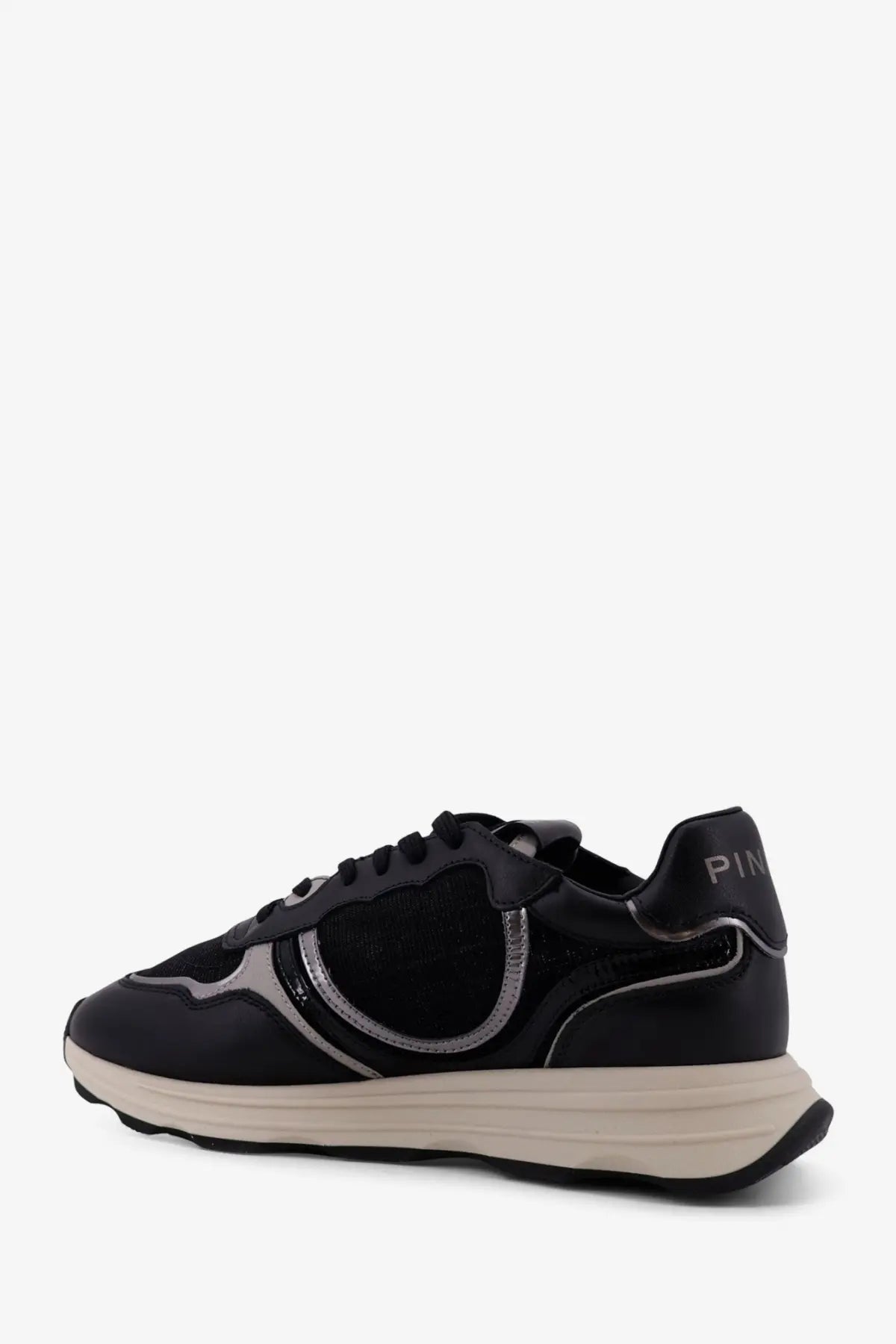 Pinko women’s Zoe leather sneakers black featuring a sleek black and silver design with mesh panels and chunky off-white sole
