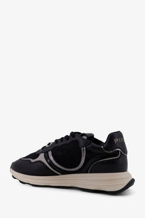 Pinko women’s Zoe leather sneakers black featuring a sleek black and silver design with mesh panels and chunky off-white sole