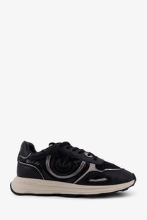 Pinko women’s Zoe leather sneakers in black with silver glossy finish and smiley face logo on the side