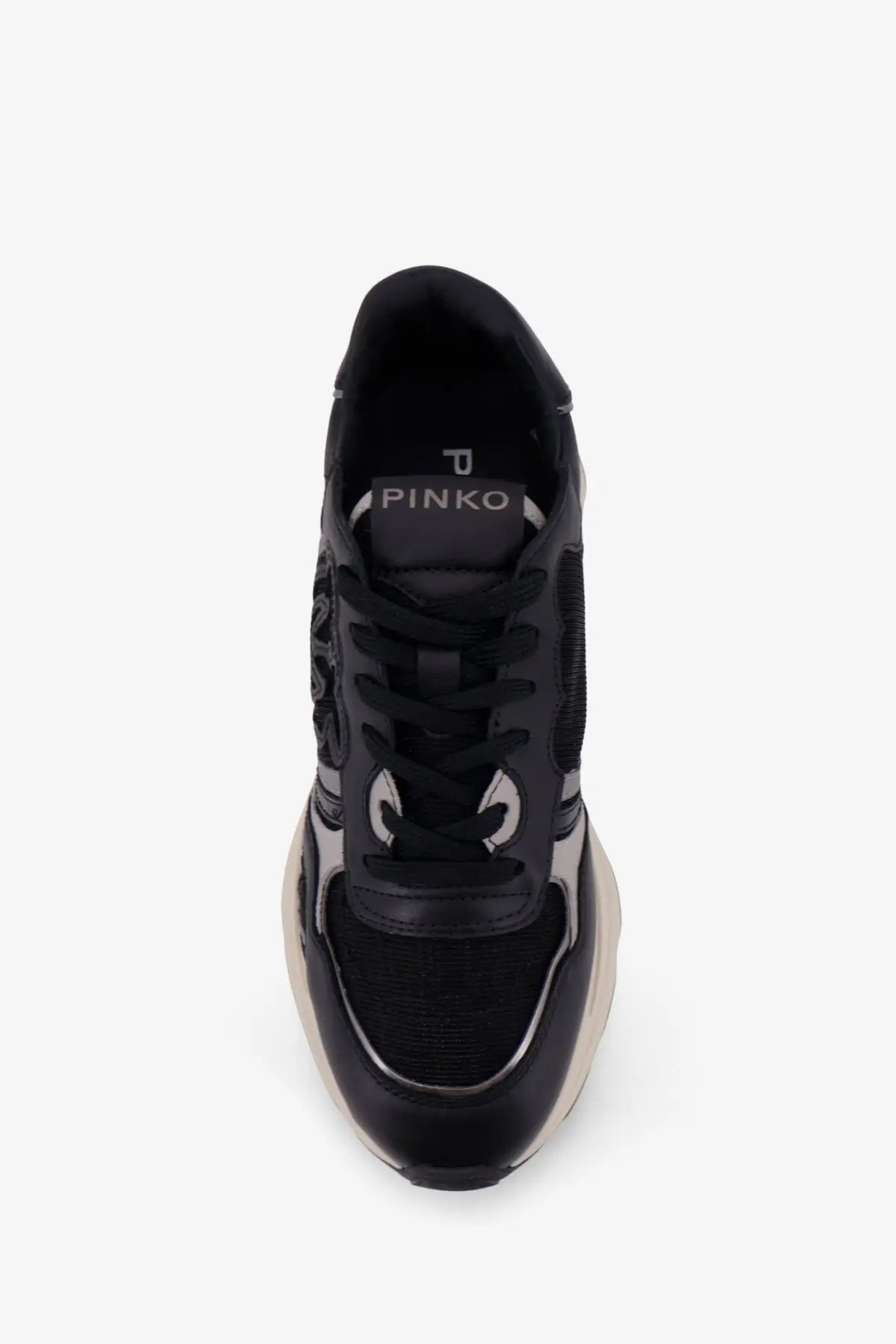 Pinko women’s zoe leather sneakers black with mesh and leather accents and silver logo detailing on the side