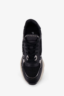 Pinko women’s zoe leather sneakers black with mesh and leather accents and silver logo detailing on the side