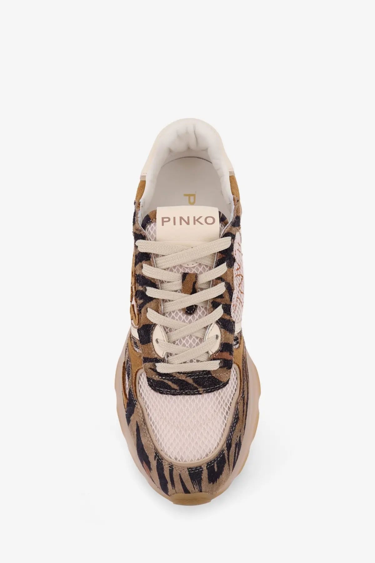 Pinko women’s Zoe suede sneaker in beige with leopard print mesh and suede accents in brown and black tones