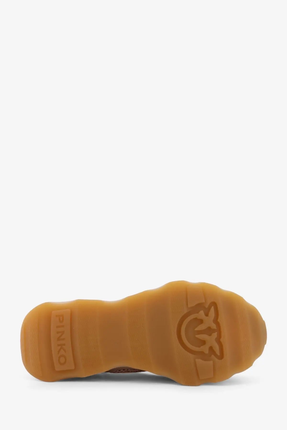 Back view of pinko women’s zoe beige suede sneakers with tan rubber sole embossed with pinko logo and brand name on heel