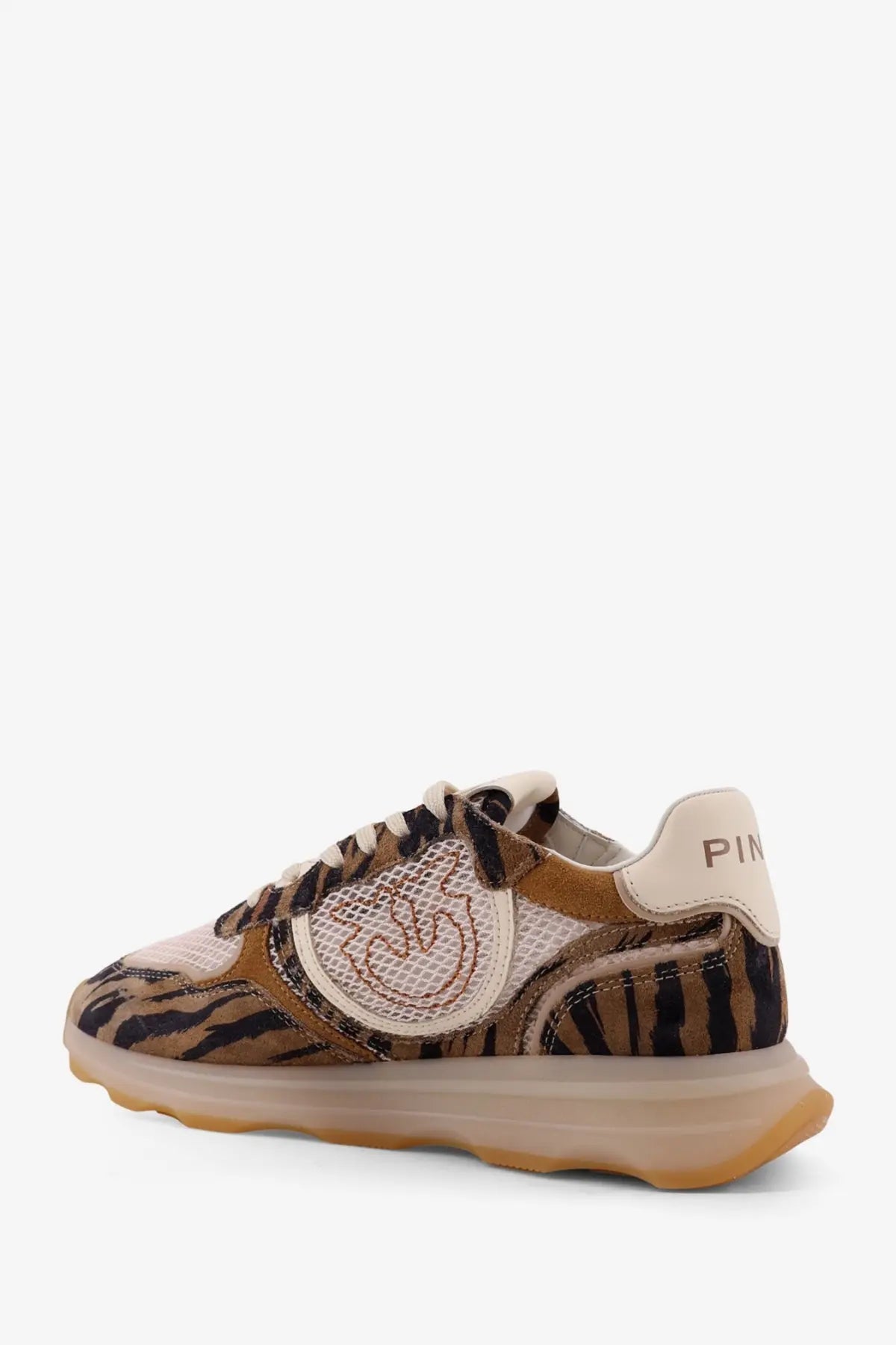 Pinko women’s zoe suede sneakers beige with tiger-print and beige mesh featuring a smiling face patch on the side