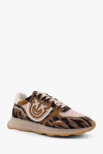 Pinko women’s Zoe suede sneakers beige with tiger print, beige mesh upper, white laces, and translucent gum sole