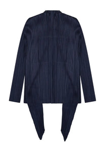 Pleats please issey miyake women’s dark blue pleated long-sleeved top with high collar and asymmetrical hem