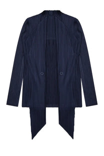 Dark navy pleated blazer with structured asymmetrical hem and two front buttons from pleats please issey miyake