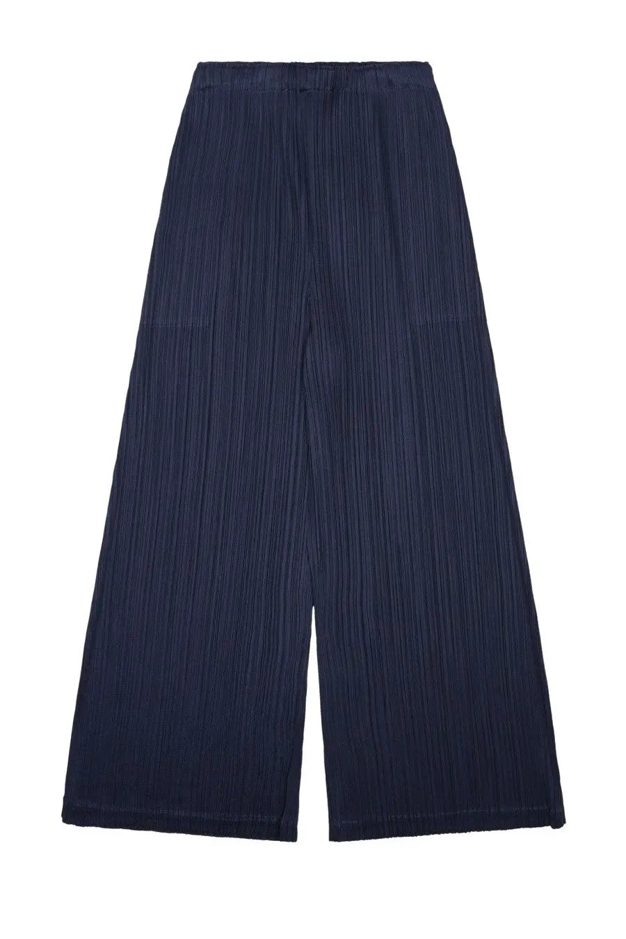 Navy blue pleated wide-leg trousers with high waist and subtle vertical ridges by Pleats Please Issey Miyake