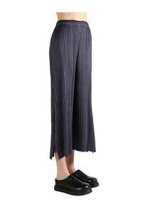 Pleats please issey miyake women’s dark blue high waist pleated wide-leg pants with side slit in monlty colors black