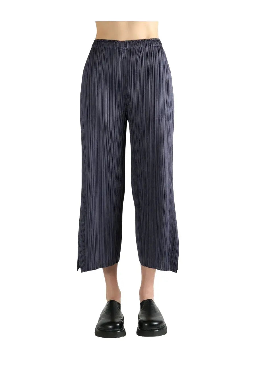 Pleats please issey miyake women’s dark blue pleated wide-leg pants with high-waisted elastic band and cropped hem