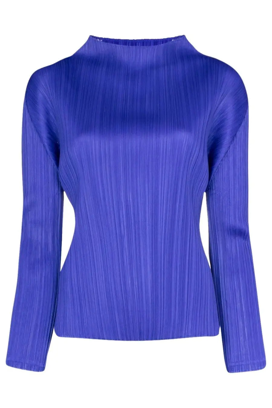 Pleats Please Issey Miyake women’s royal blue long-sleeve pleated shirt with high neckline and ribbed fabric