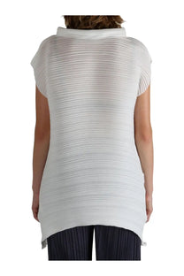 White pleated knit short-sleeved top with high collar from pleats please issey miyake for women