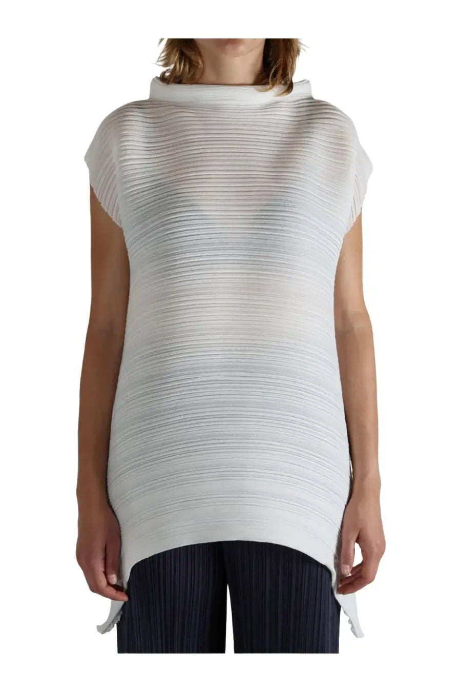 Pleats please issey miyake women’s white pleated short sleeved shirt with high neckline and asymmetrical hemline