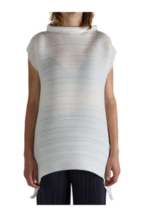 Pleats please issey miyake women’s white pleated short sleeved shirt with high neckline and asymmetrical hemline
