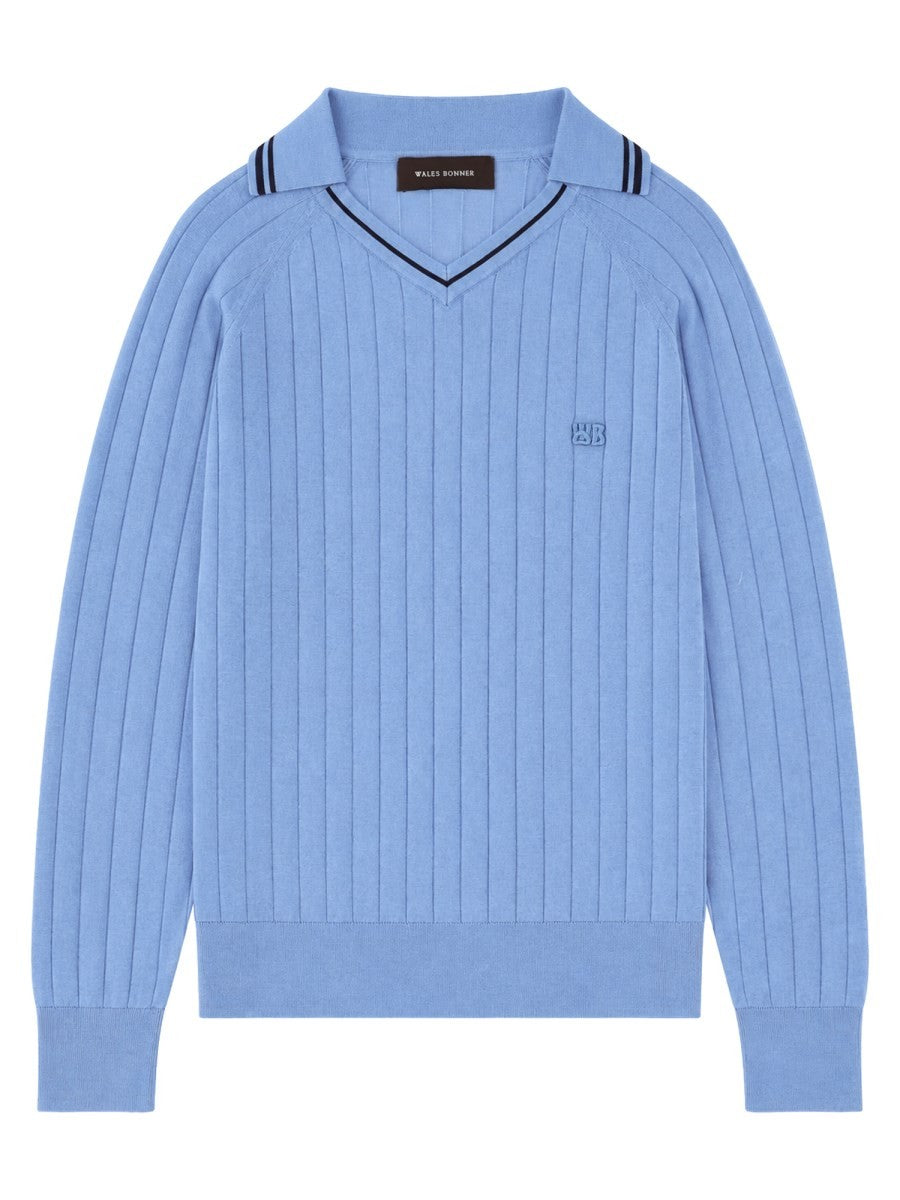 Wales Bonner Men's Polo Ribbed with Neck Blue