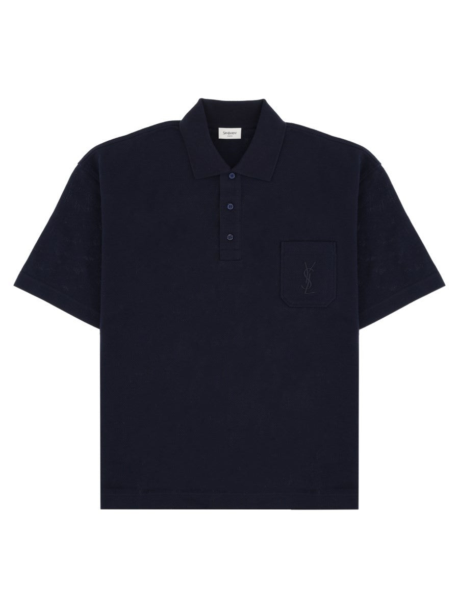 Saint Laurent Men's Polo Cassandre in Piqué Di Cotone Blue