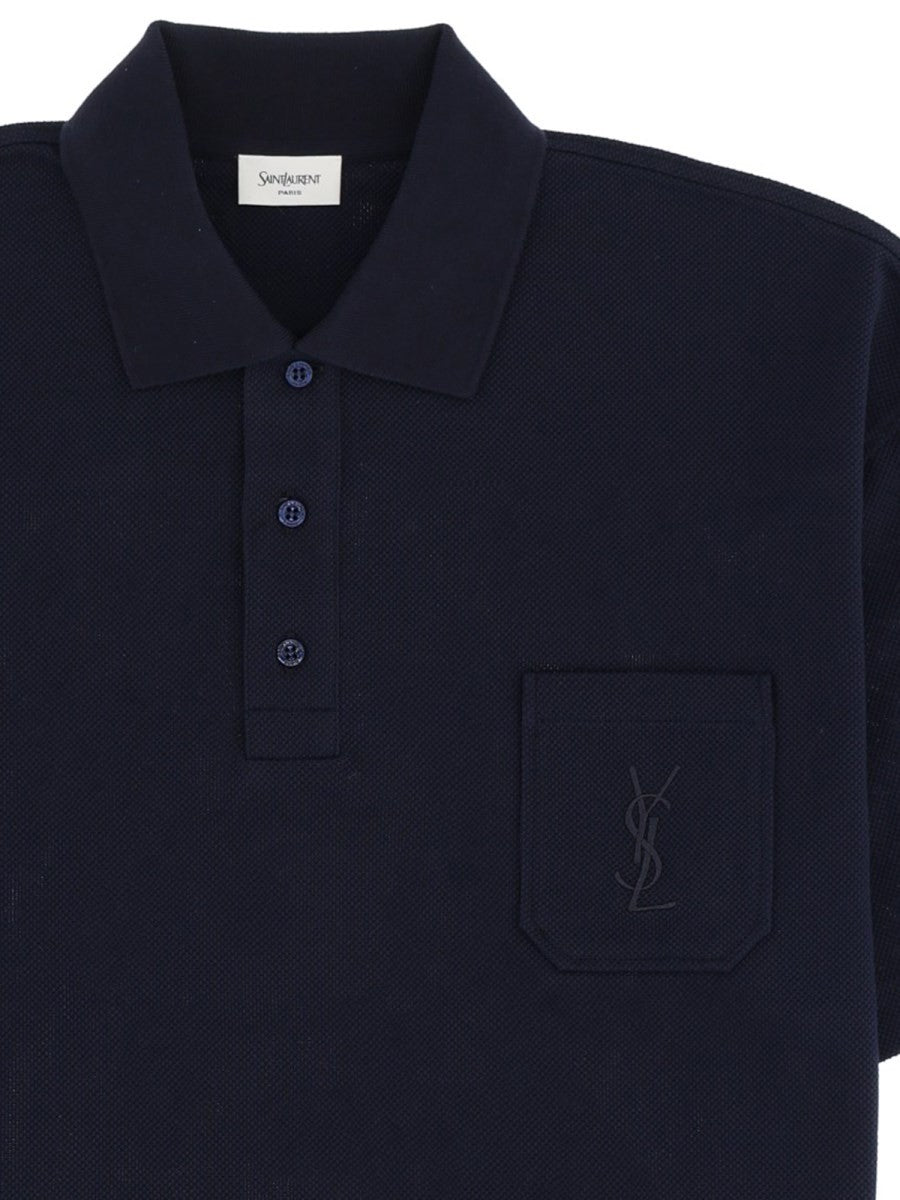 Saint Laurent Men's Polo Cassandre in Piqué Di Cotone Blue