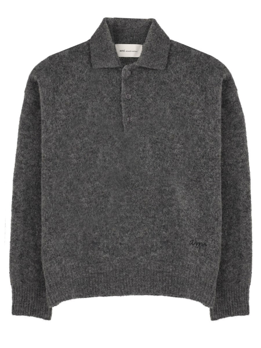 Ami Paris Men's Embroidered Knit Polo Grey