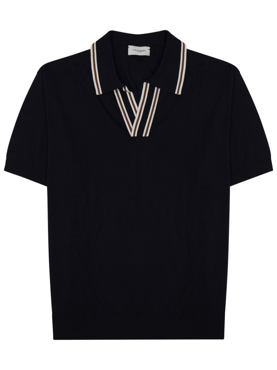 Paolo Pecora Milano Men's Polo in Seta Misto Cotone Blue