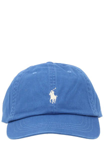 Blue cotton baseball cap with white embroidered Polo Ralph Lauren logo for men
