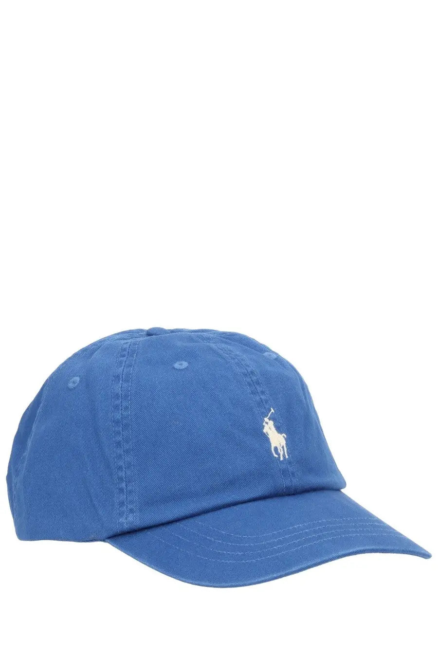 Blue cotton baseball cap with white embroidered polo ralph lauren logo on the front for men