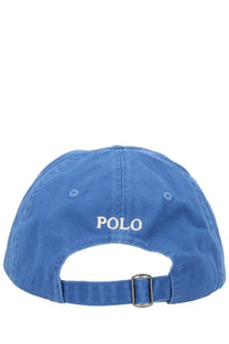 Blue cotton baseball cap with white embroidered polo logo and silver metal buckle by Polo Ralph Lauren men’s hat