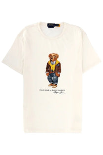 Cream-colored cotton polo ralph lauren men’s t-shirt with detailed polo bear in brown suit yellow scarf and blue jeans