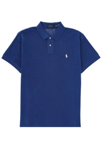 Royal blue Polo Ralph Lauren men’s polo shirt with white embroidered horse and rider logo on left chest and two-button placket