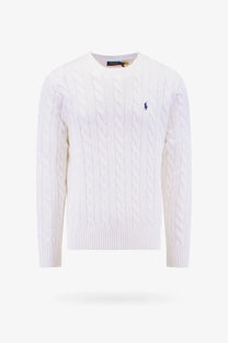 Polo Ralph Lauren men’s white cable knit sweater with classic crew neck and navy polo player logo on left chest
