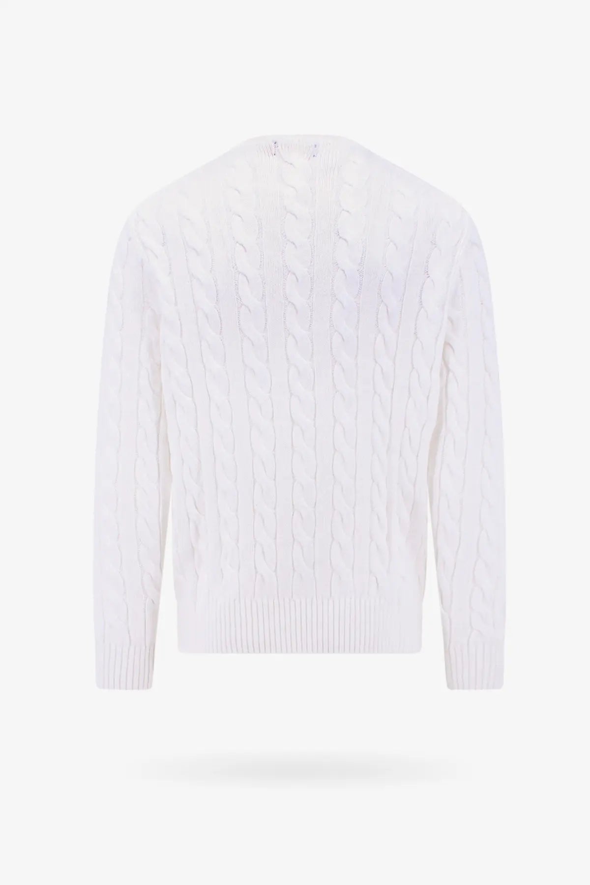 Polo Ralph Lauren men’s white cable knit sweater with ribbed hem and cuffs made from soft knit material