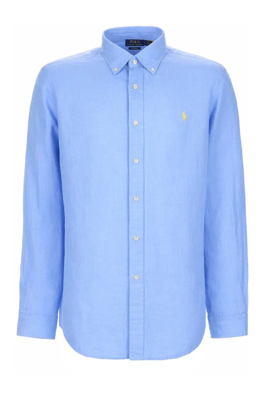 Polo Ralph Lauren men’s light blue long-sleeved button-down shirt with gold embroidered polo player logo and matching buttons