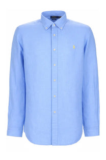 Polo Ralph Lauren men’s light blue long-sleeved button-down shirt with gold embroidered polo player logo and matching buttons