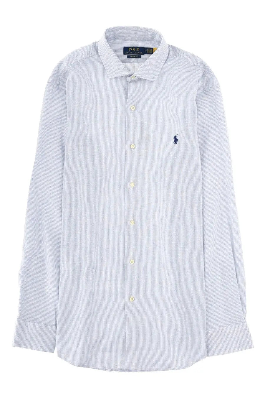Polo ralph lauren men’s long-sleeved blue and white striped button-down shirt with navy polo player logo