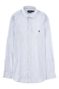 Polo ralph lauren men’s long-sleeved blue and white striped button-down shirt with navy polo player logo