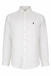 Polo ralph lauren men’s white long-sleeved button-down shirt with navy blue embroidered polo player logo