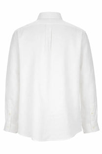 Polo Ralph Lauren men’s white long-sleeved cotton shirt with classic collar and back pleats shown from the back