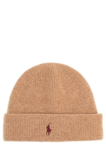 Beige ribbed knit cashmere beanie with folded cuff and maroon embroidered polo ralph lauren logo for men
