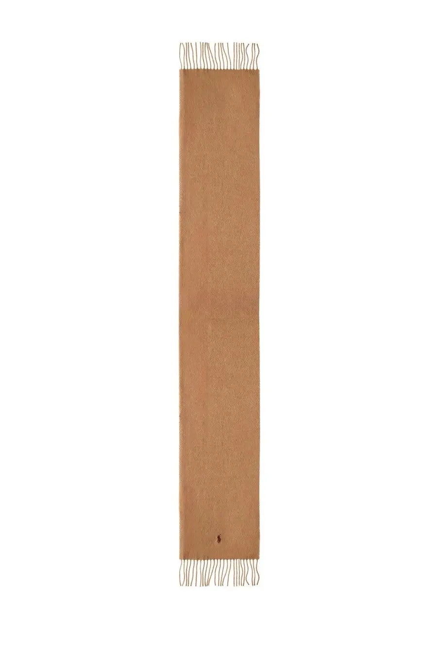 Tan cashmere scarf with fringed ends and small embroidered logo in beige by polo ralph lauren men
