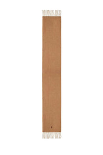Tan cashmere scarf with fringed ends and small embroidered logo in beige by polo ralph lauren men