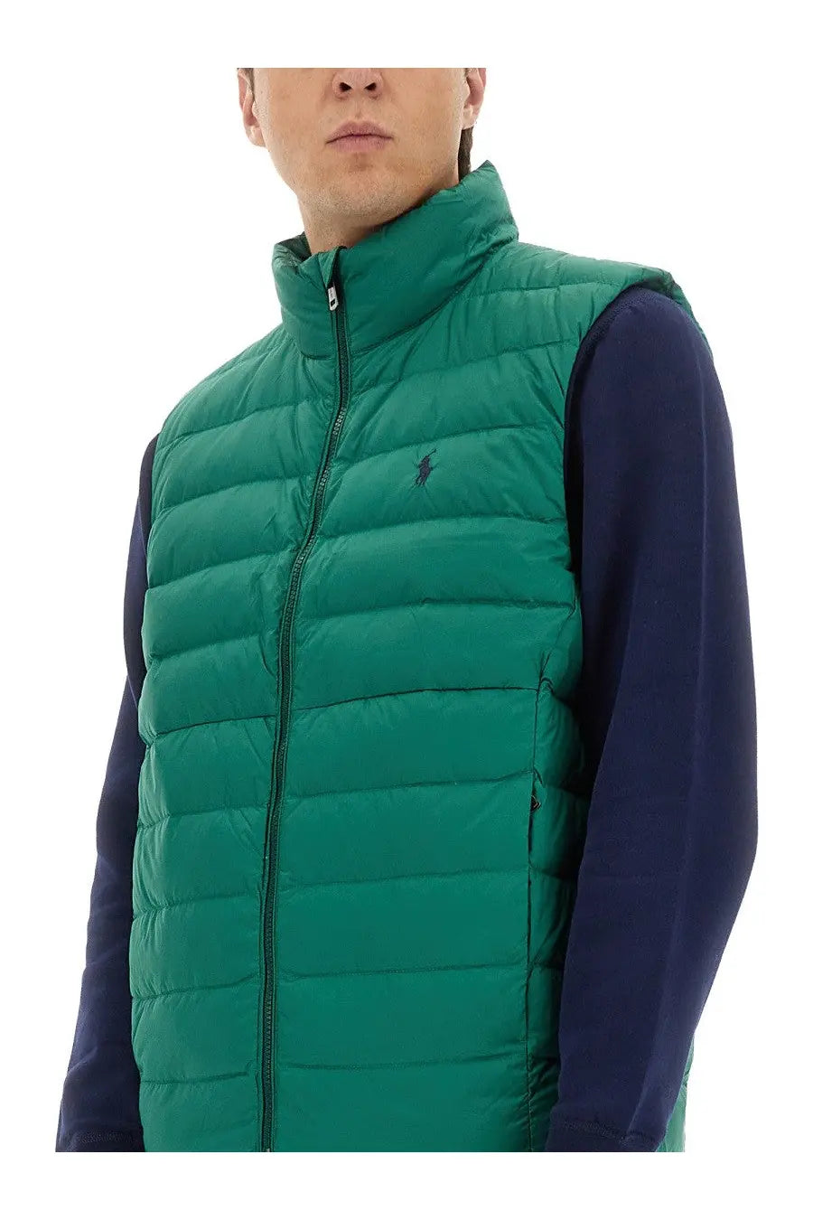 Green quilted puffer vest with black embroidered logo on chest from polo ralph lauren men’s colden vest green