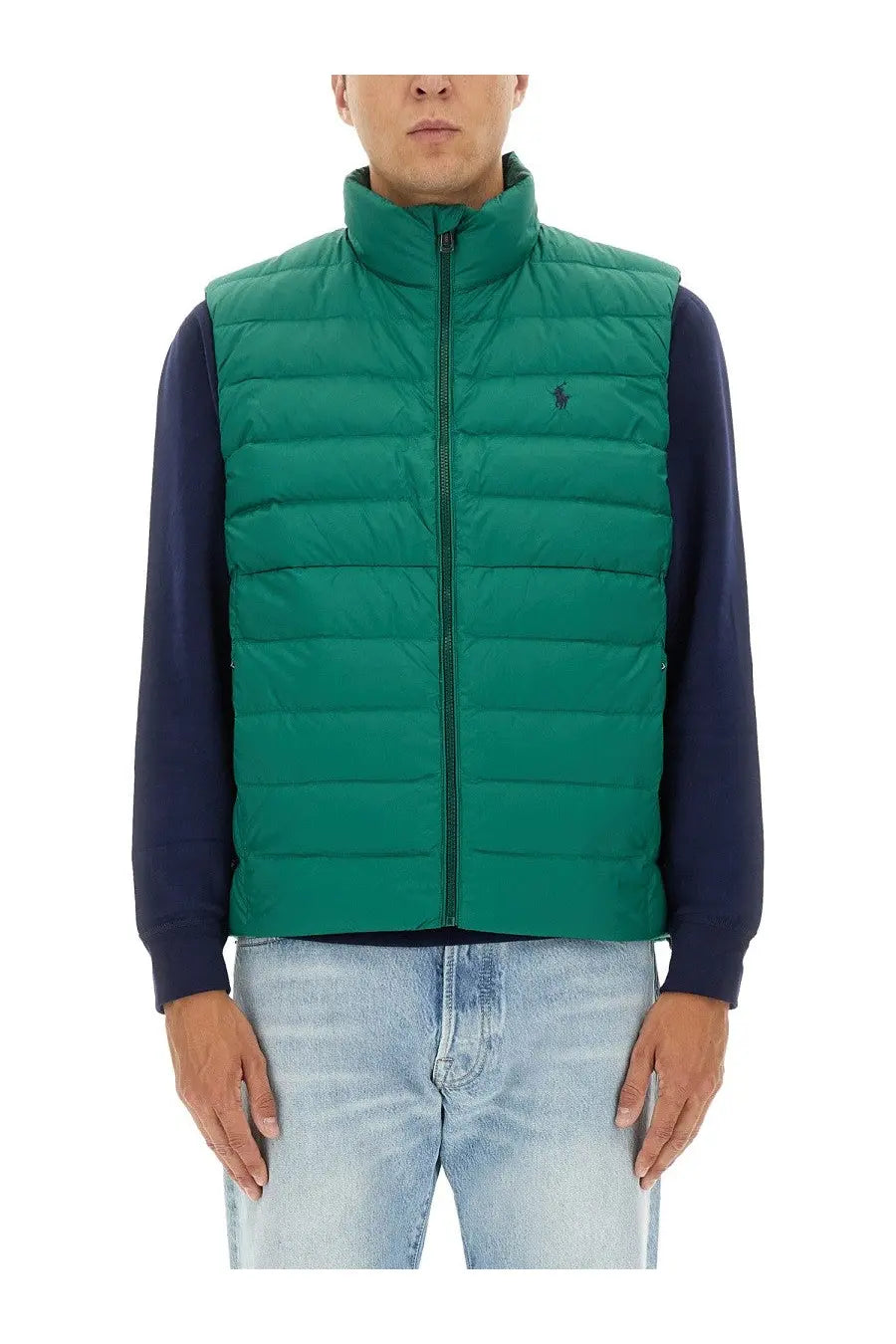 Polo Ralph Lauren men’s green quilted puffer vest with black zipper and embroidered logo for cold weather